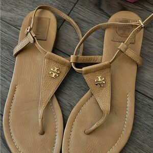 Tory Burch Gold Logo Tan Sandals